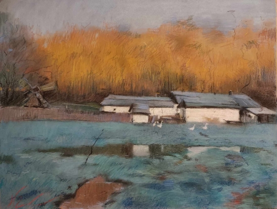 Landscape of a village by the lake